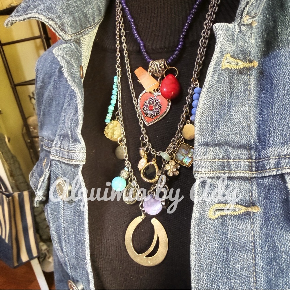 Gitana Charm Story Necklace • Mixed Metals & Sandstone • Boho Talisman - Picture 3 of 5
